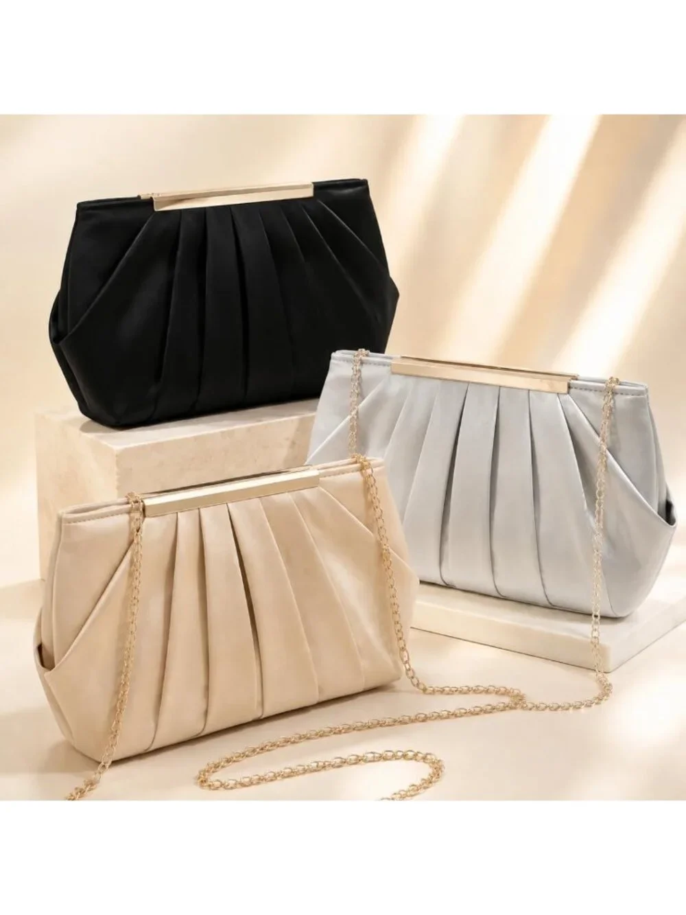 Elegant Evening Clutch Purse for Women, Detachable Chain Strap, Pleated Design